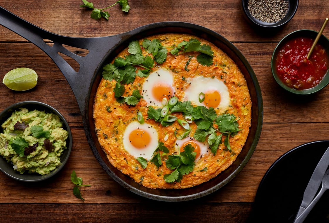 Baked eggs in sweet potato hash brown in Solidteknics pan